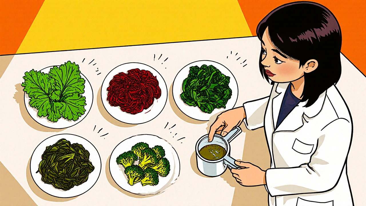 Array of cooked kale, spinach, collard greens, mustard greens, and broccoli on a counter.