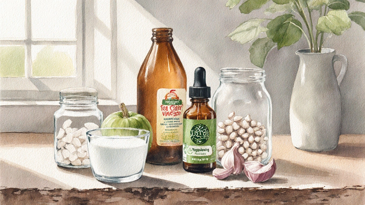 Assortment of natural BV remedies on a kitchen counter: yogurt, tea tree oil, apple cider vinegar, boric acid capsules, garlic.