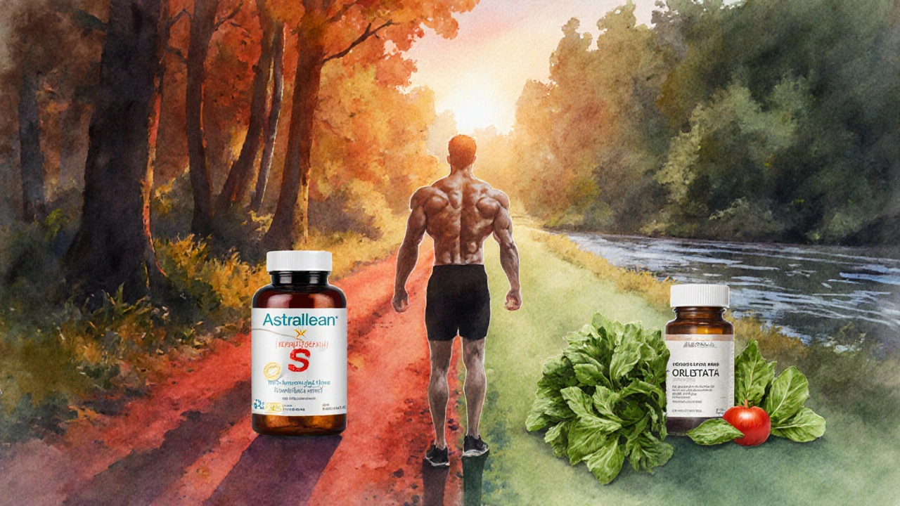 Athlete at a crossroads, looking toward a stimulant pill path and a gentle Orlistat path.