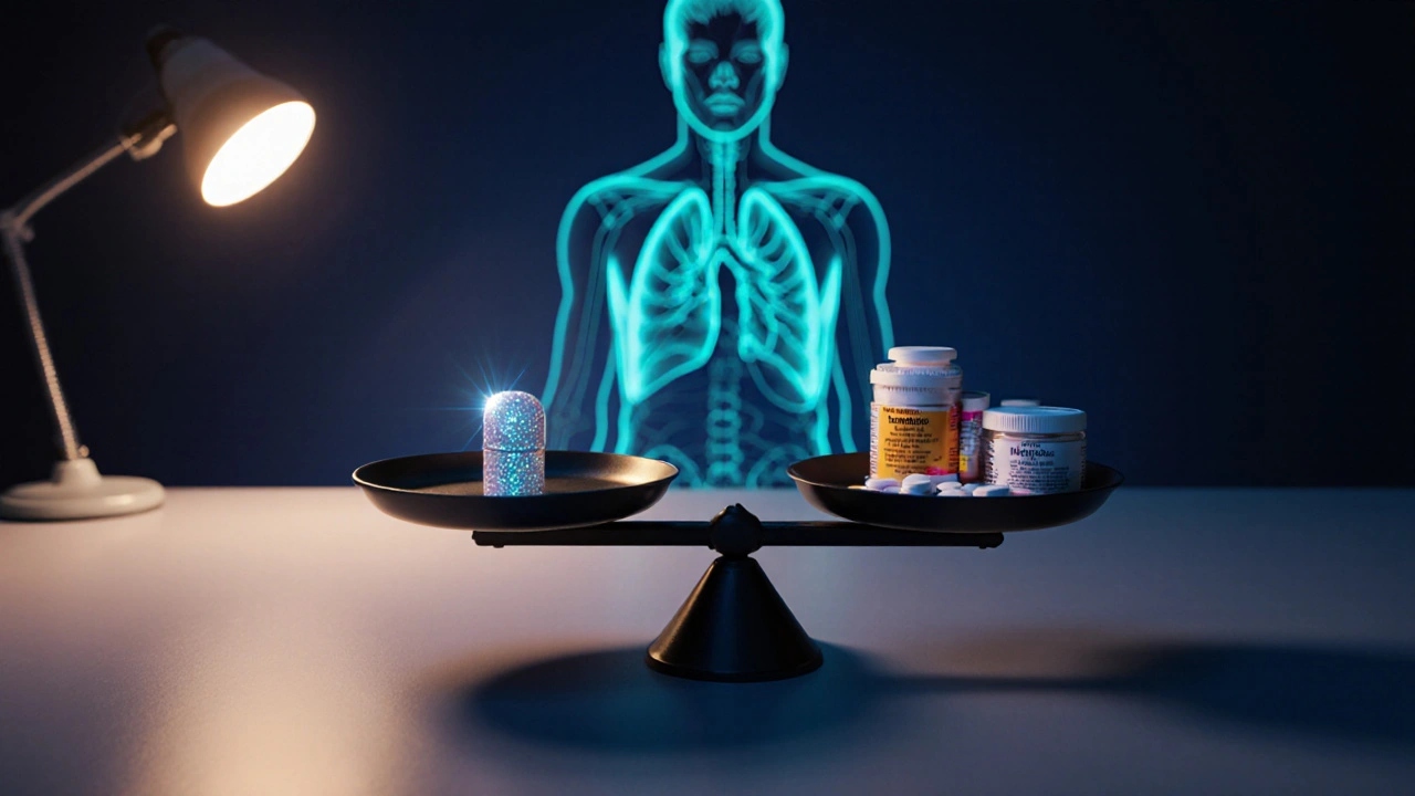 Balance scale with one azithromycin pill against a stack of other antibiotics, patient silhouette behind.