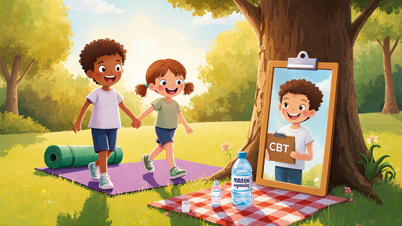 Child walking with friend, therapist, and mirror reflecting confidence outdoors.