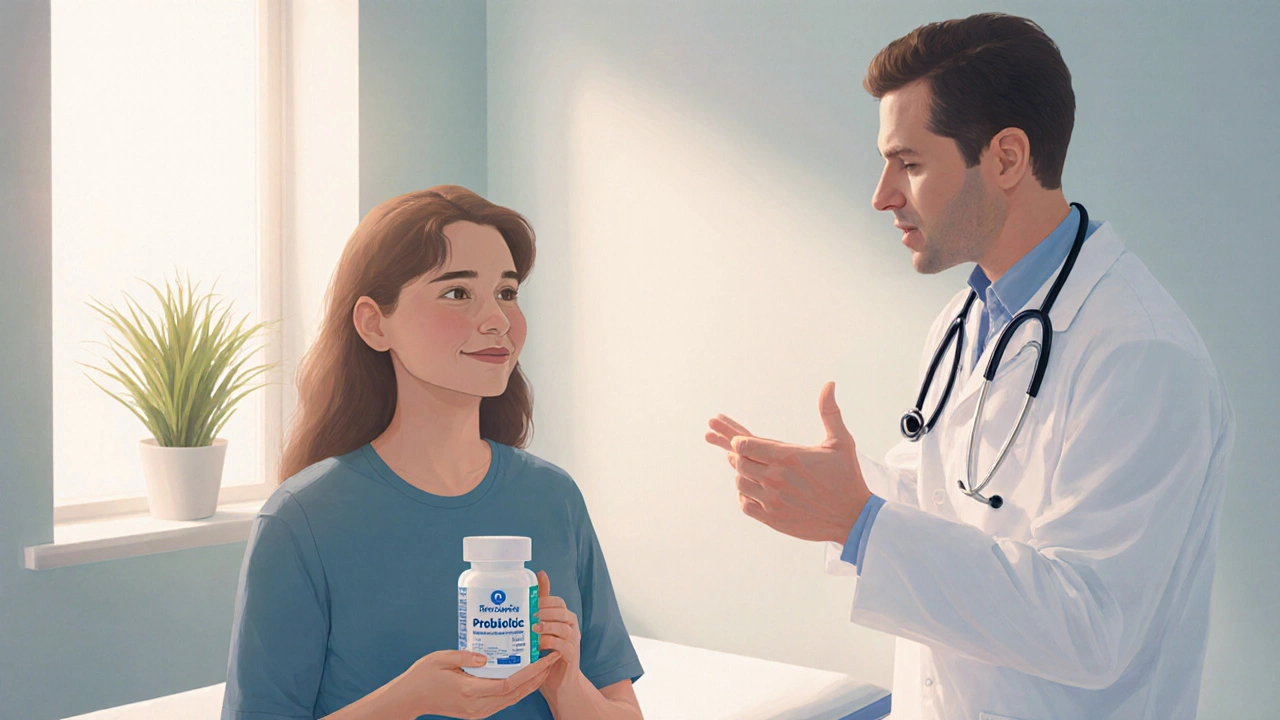 Doctor and patient discussing treatment in a bright exam room, patient holding a probiotic container.