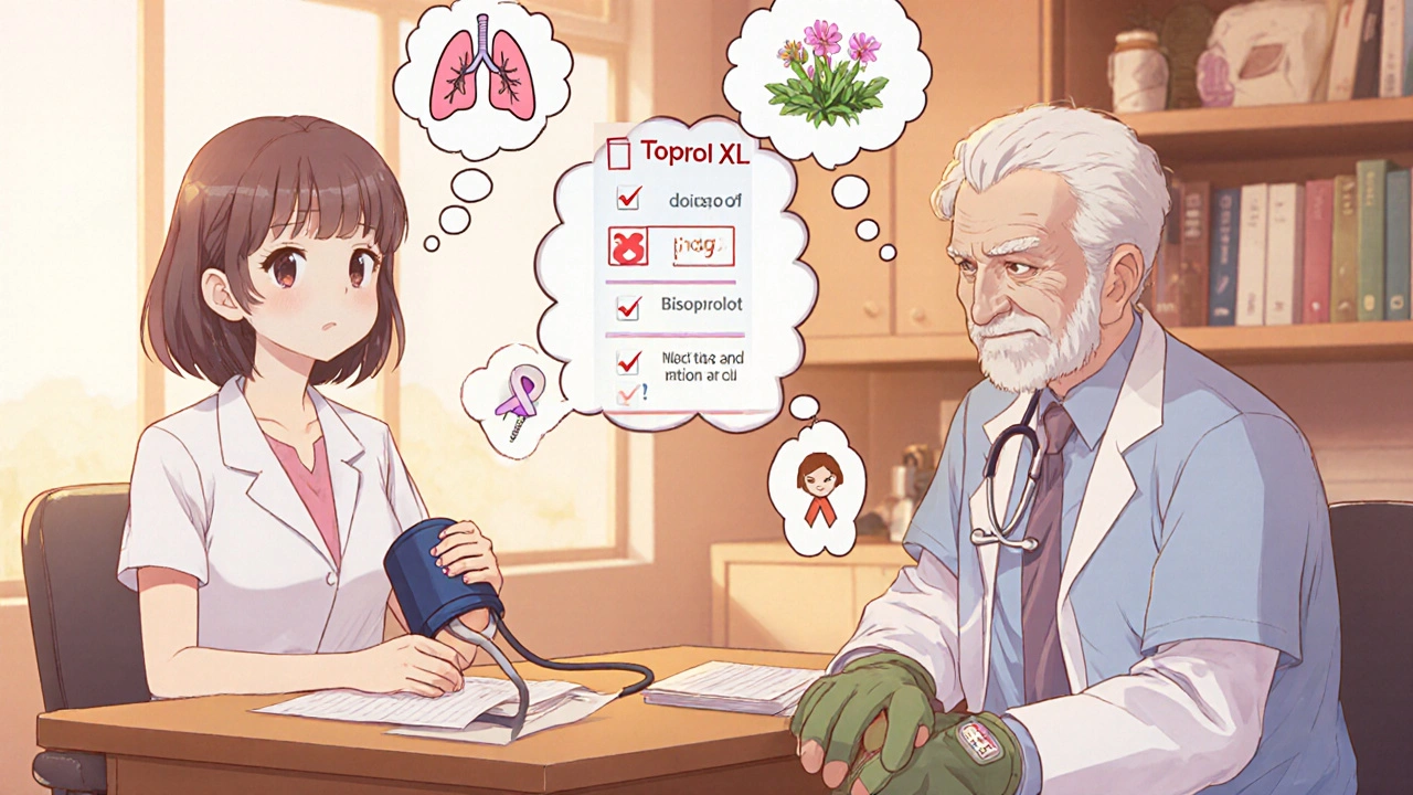 Doctor consults two patients, showing thought bubbles of asthma relief and reduced fatigue.