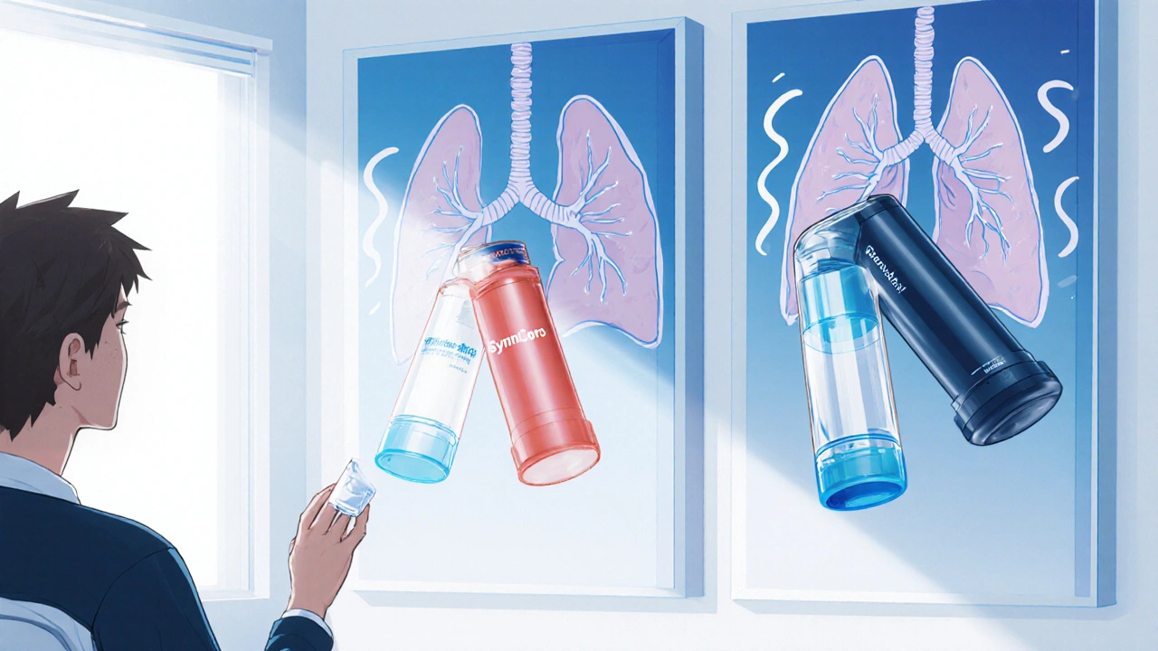 Doctor demonstrates three inhaler types to a patient in a clinic setting.