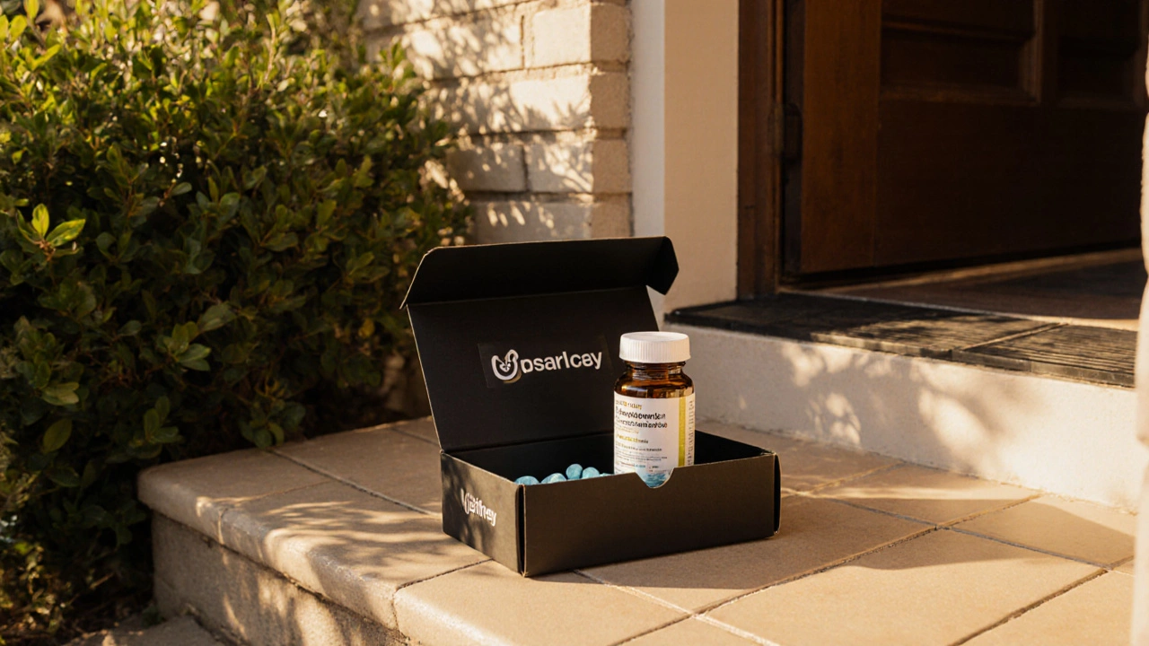 Doorstep scene with a discreet box opened to reveal a child‑proof lisinopril bottle in golden light.
