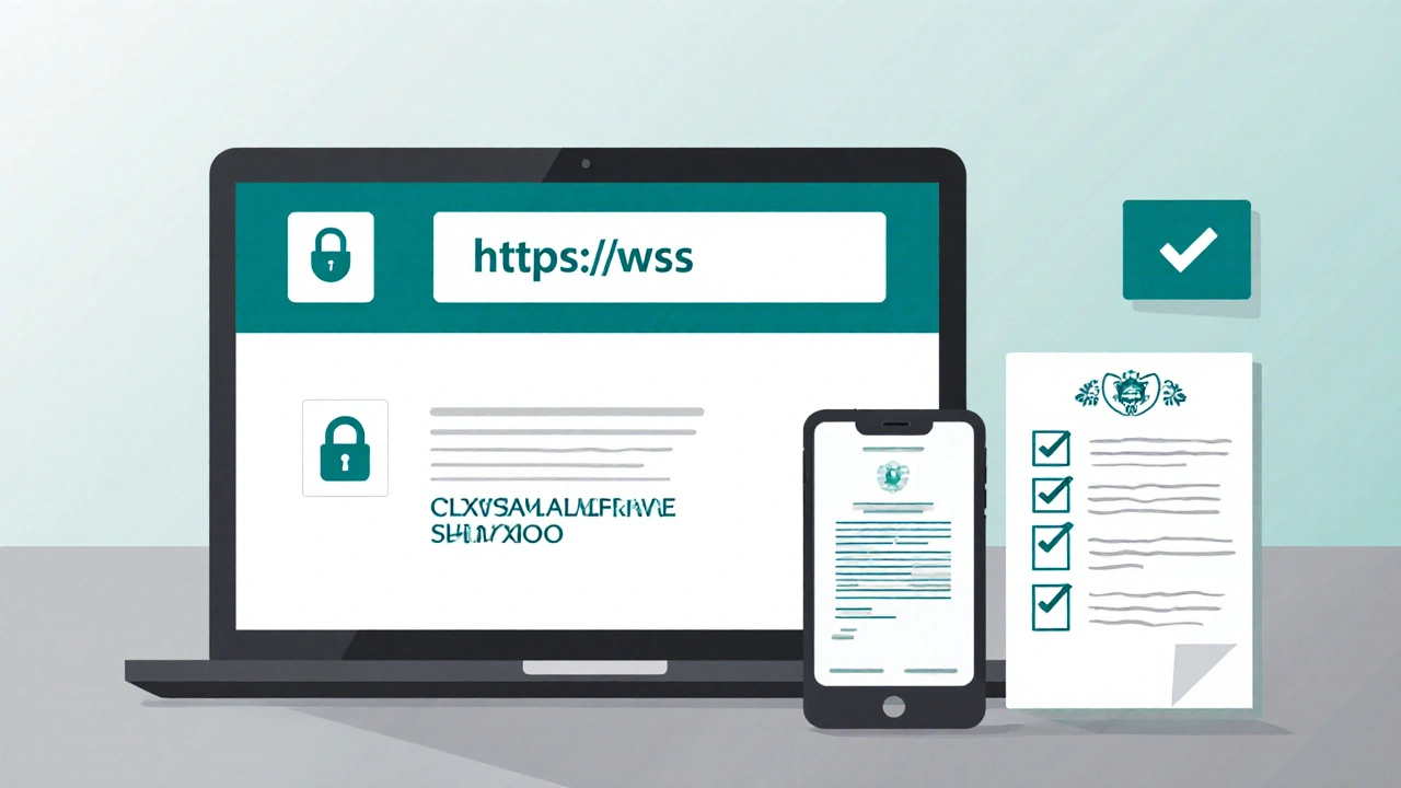 Flat lay of a tablet showing secure website icons and a prescription thumbnail.