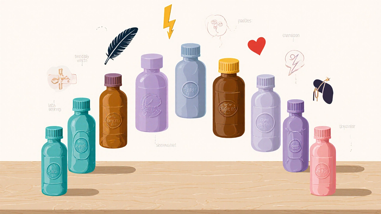 Flat‑lay of seven pill bottles with colored caps and floating icons indicating effects.