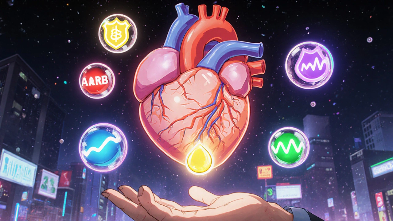 Floating heart with five colored medication orbs, one chosen as the heart glows brighter.