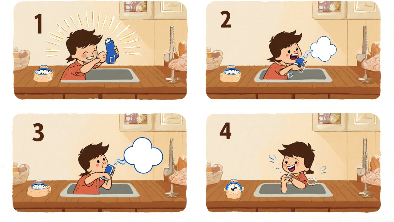 Four-panel sequence showing shaking, exhaling, inhaling, and holding breath with an inhaler.
