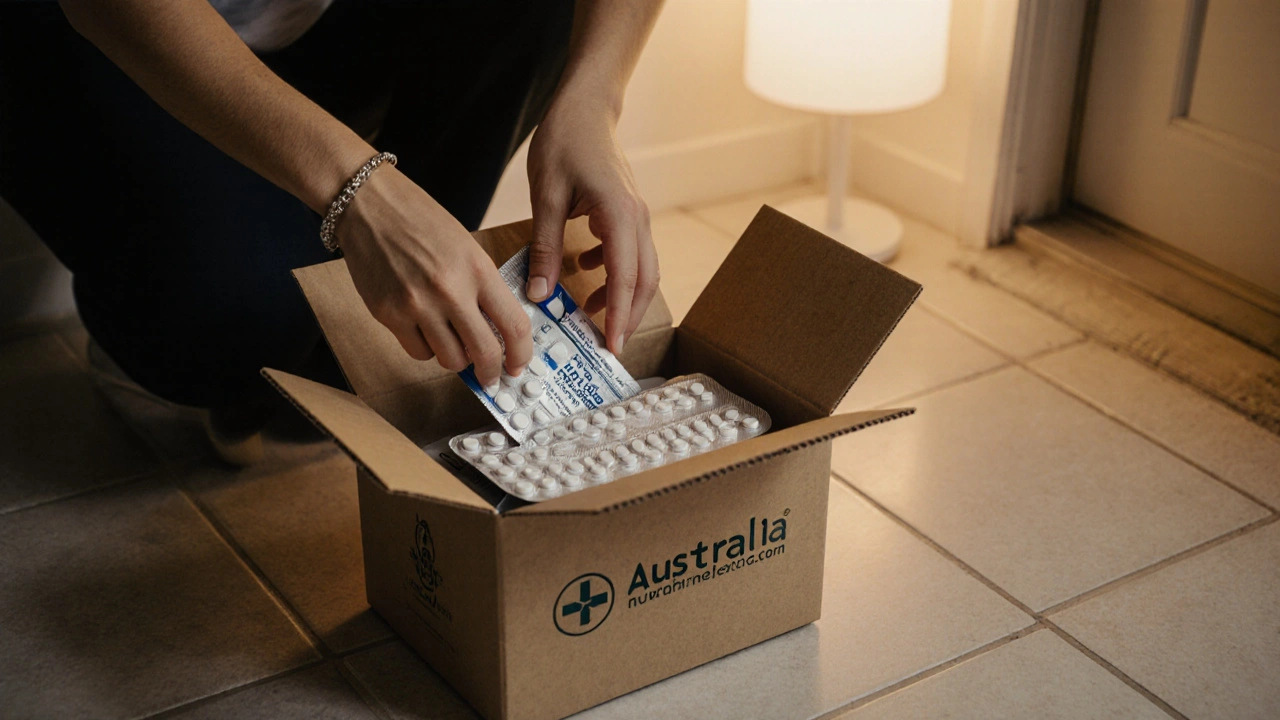 Hands opening a delivery box to inspect a blister pack of generic medication.