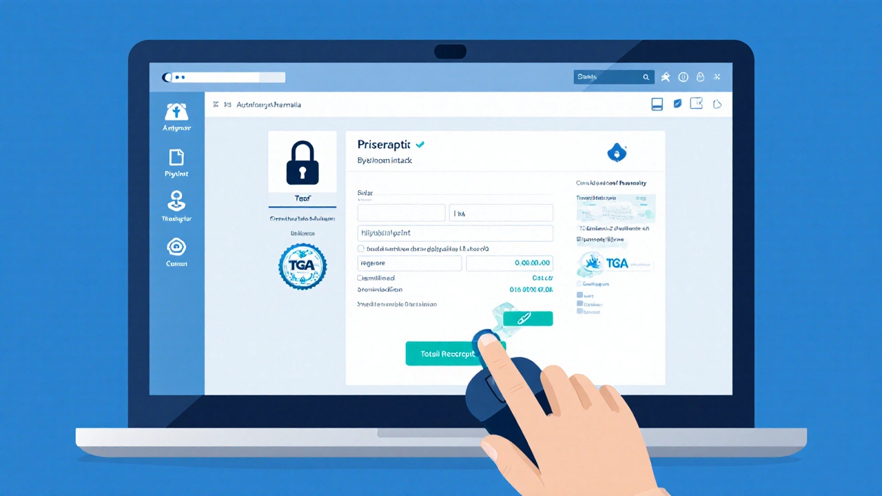 Illustration of laptop checkout page showing secure icons, address, and TGA seal with prescription upload.