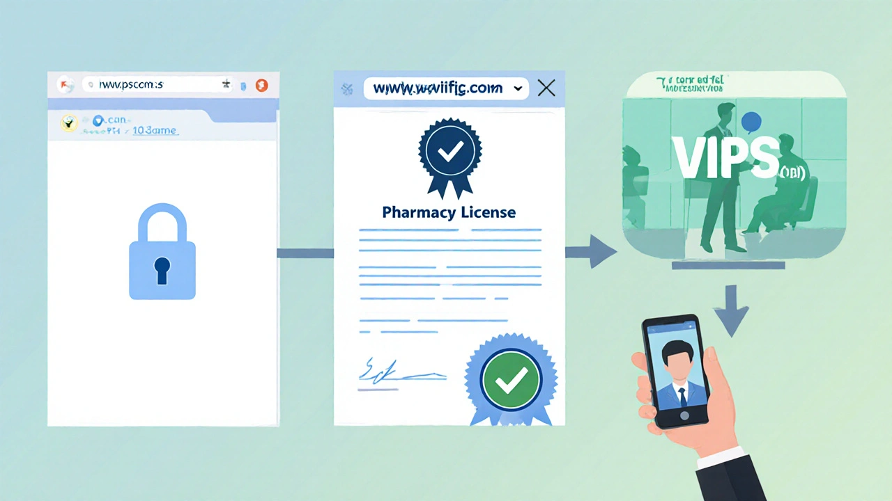 Illustration of three panels: URL bar, license badge, verification seal, and telehealth video call.