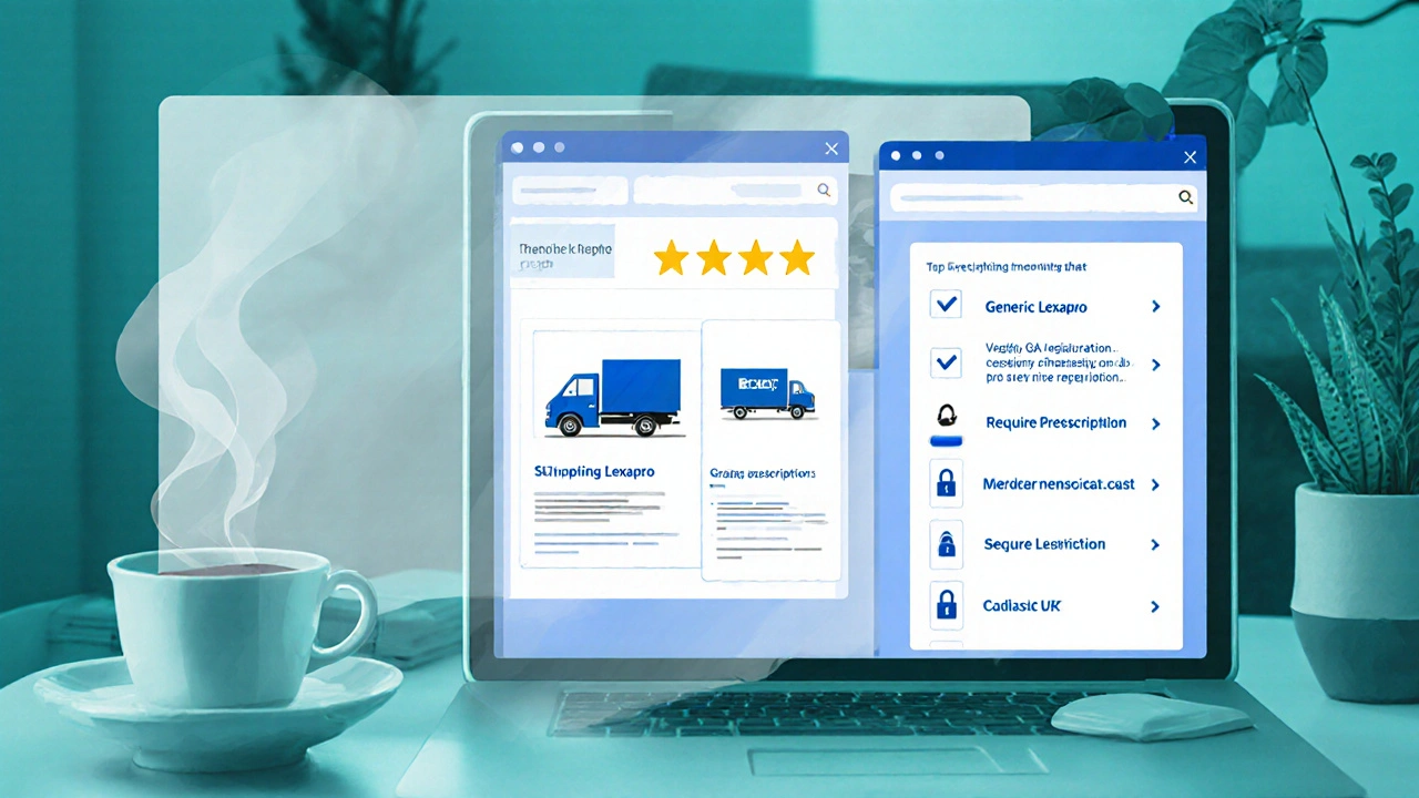 Illustration showing three pharmacy webpages side by side on a tablet with icons for shipping, rating, and security.