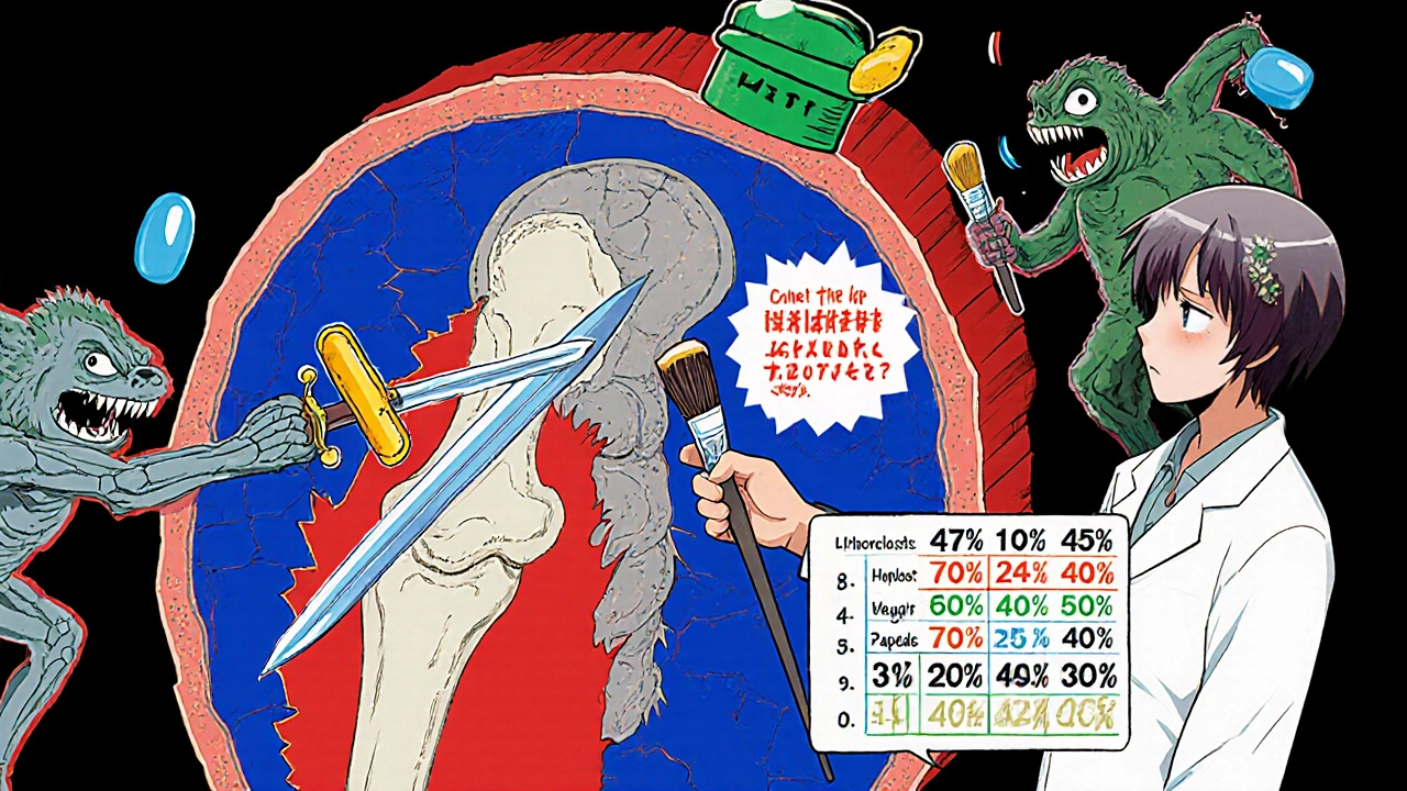 Inside a femur, Alendronate tablets block osteoclasts while osteoblasts rebuild bone, with doctor showing fracture reduction stats.