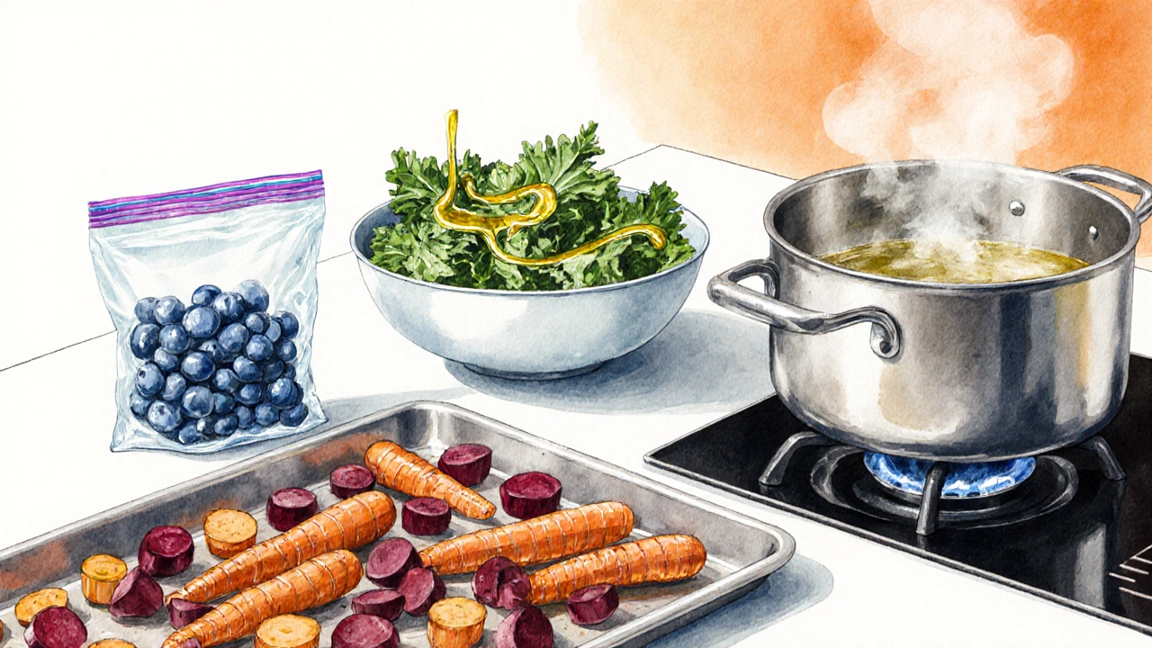 Kitchen scene showing batch‑cooked roasted vegetables, steaming greens, and frozen berries ready for storage.