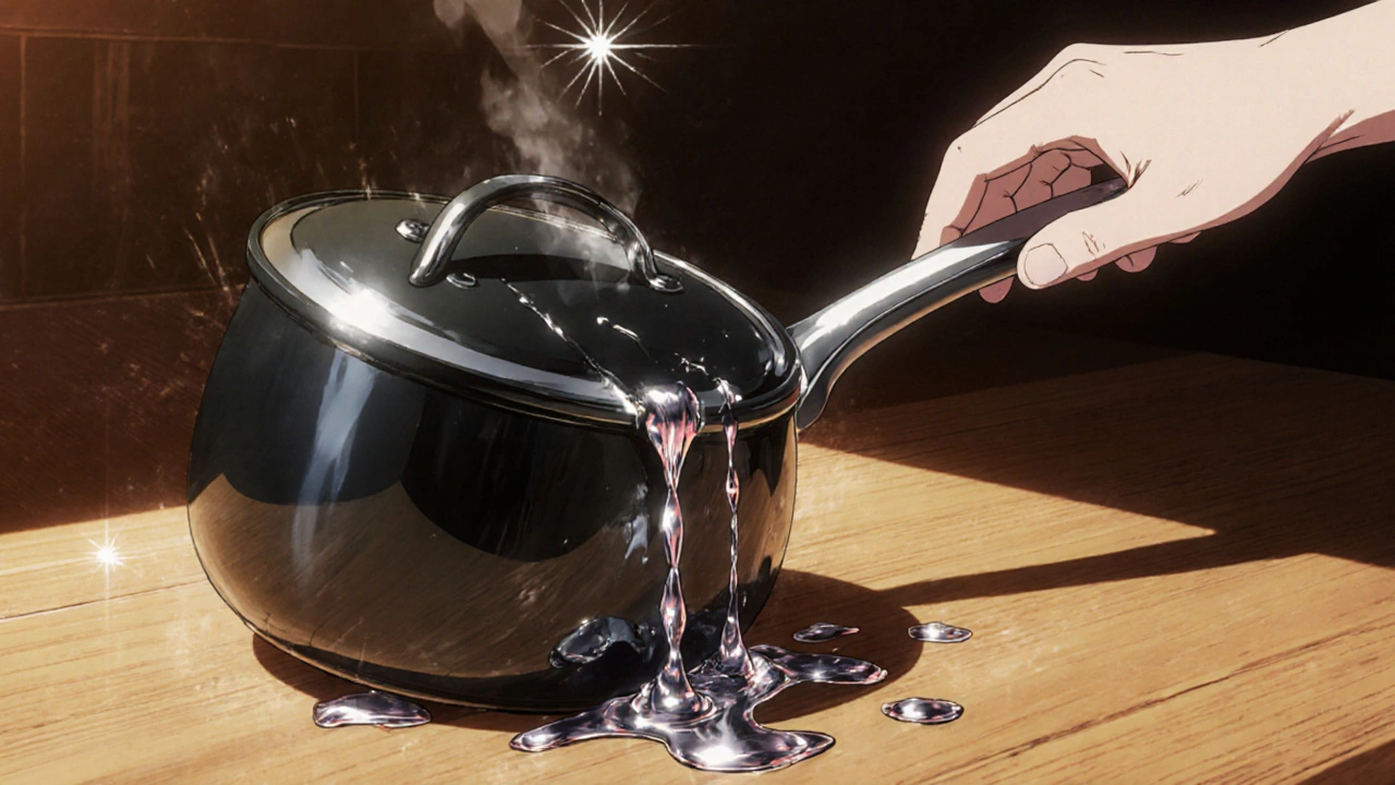 Lead‑tainted saucepan leaks metallic droplets on a kitchen counter.