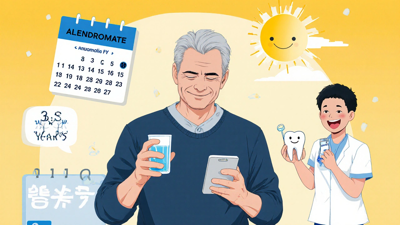 Man sets weekly alarm, drinks water with Alendronate pill, calendar shows drug holiday, dentist check‑up, confident posture.