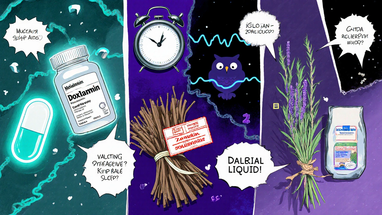 Manga split panel comparing melatonin, doxylamine, zolpidem, valerian root, and Benadryl.