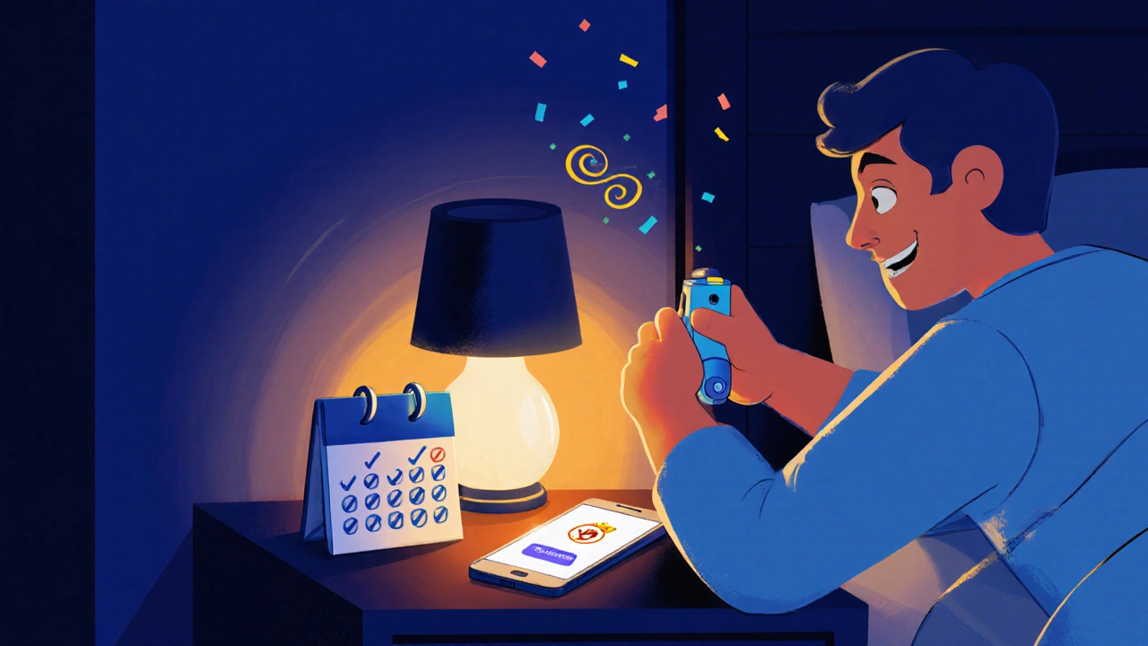 Nighttime bedroom with inhaler, sticker, calendar checks, and a smiling character.
