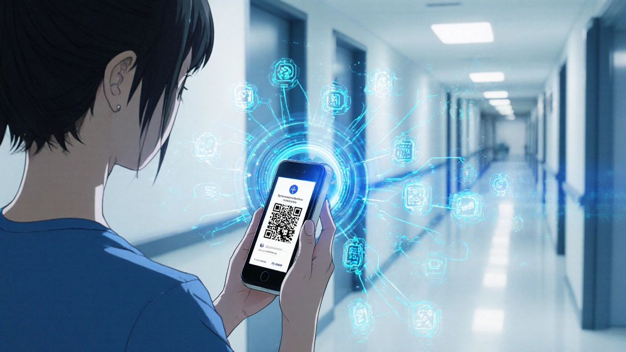 Nurse scans a medical device QR code, showing blockchain safety data.
