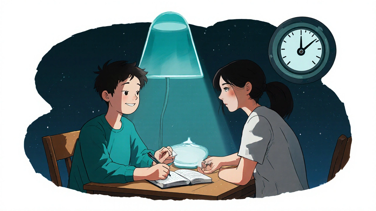 Patient and dietitian reviewing a food diary with a stable INR gauge.