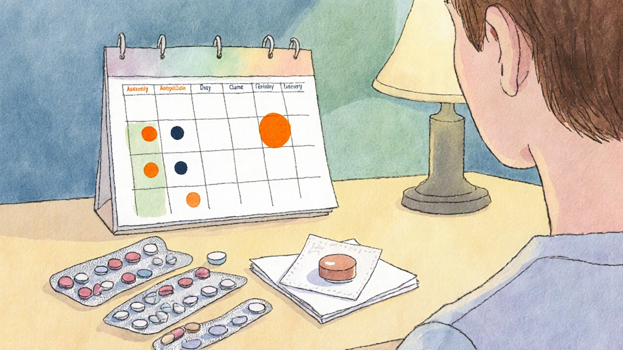 Person at a table with a calendar showing multiple pills versus one azithromycin tablet.