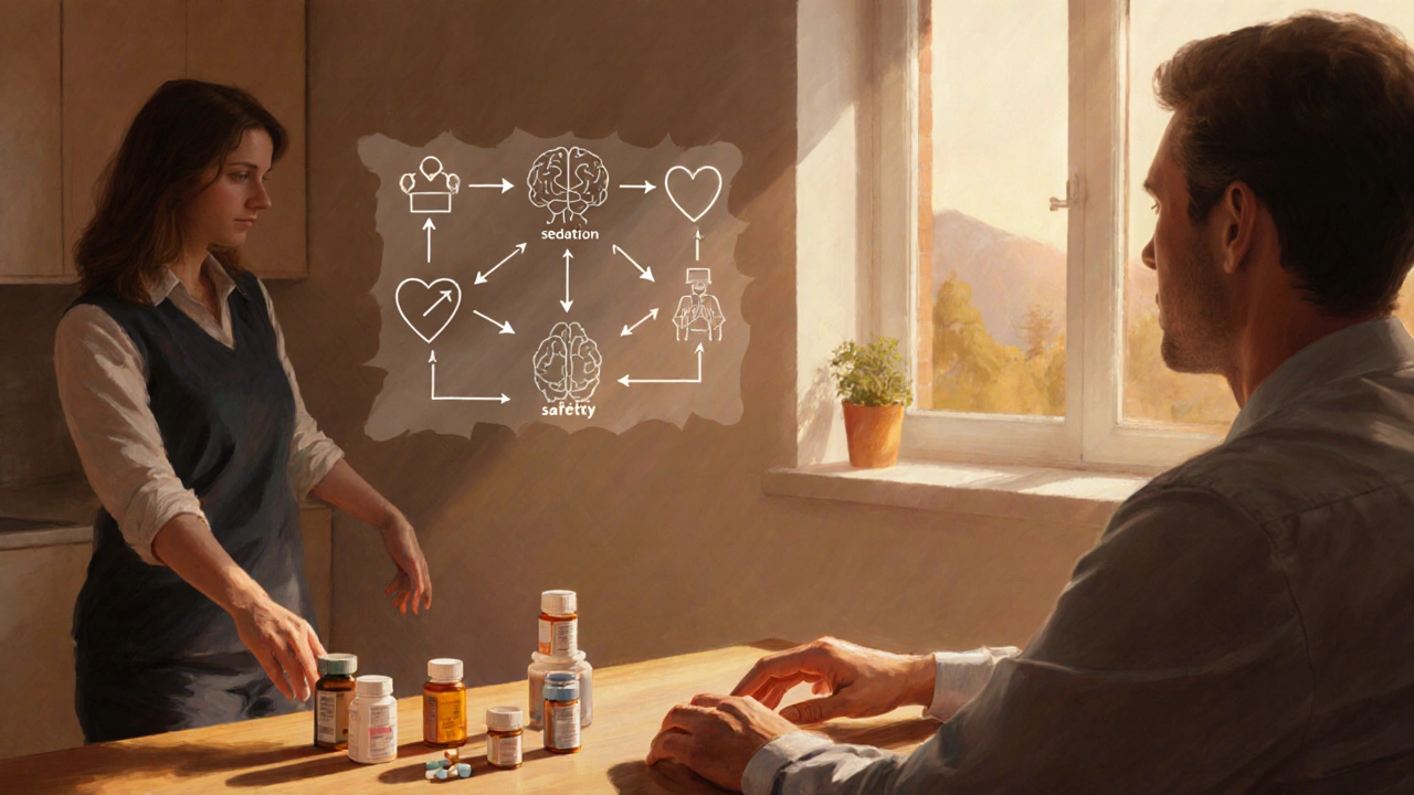 Person choosing pills at a table while a therapist demonstrates stretching in warm light.