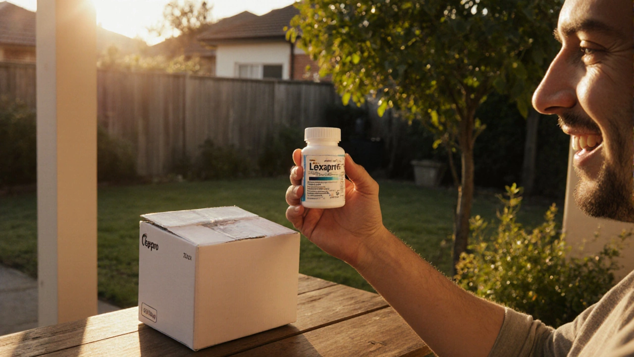 Person opening a parcel on a porch, revealing a sealed generic Lexapro bottle, bathed in golden hour light.