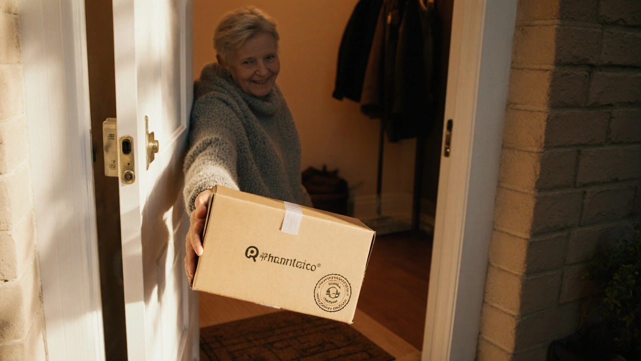Person receiving a discreet pharmacy package at the front door, smiling.