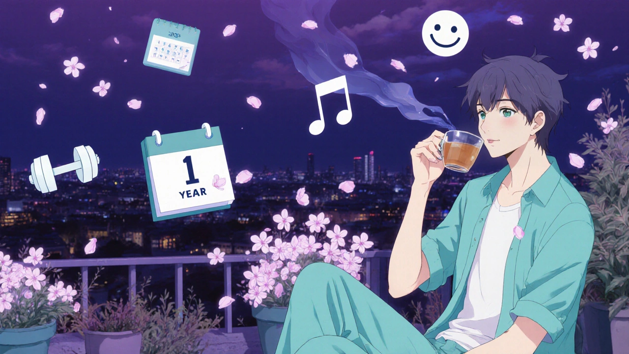 Person relaxing on a rooftop with icons for health, time, and happiness after quitting.