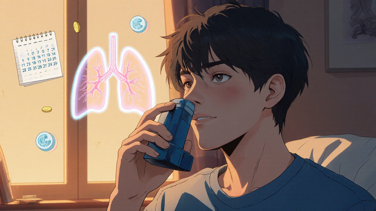 Person uses an inhaler at home with warm lighting and a glow of healthy lungs.
