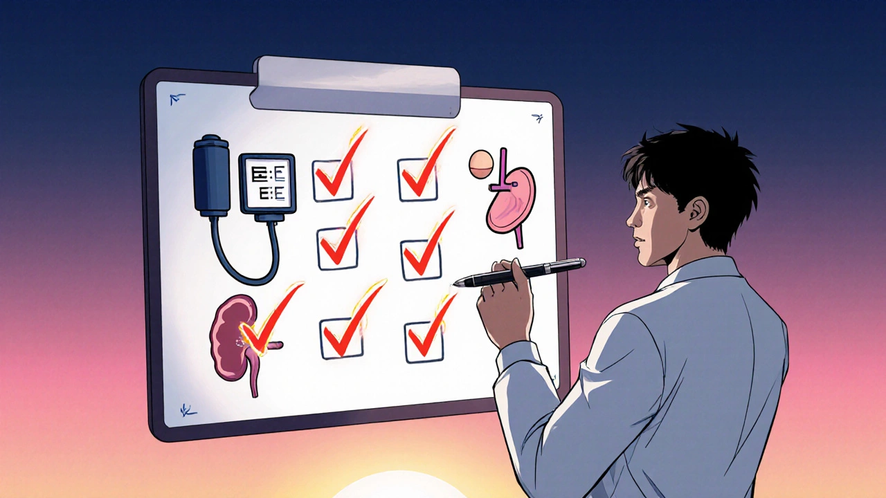 Physician checking off a floating medical checklist with manga icons.