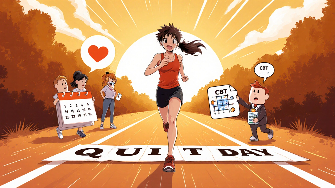Runner crossing a "Quit Day" finish line with supportive friends and CBT symbols.