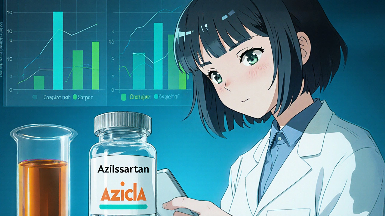 Scientist reviewing azilsartan pill and lab data with comparison graphs in manga illustration.