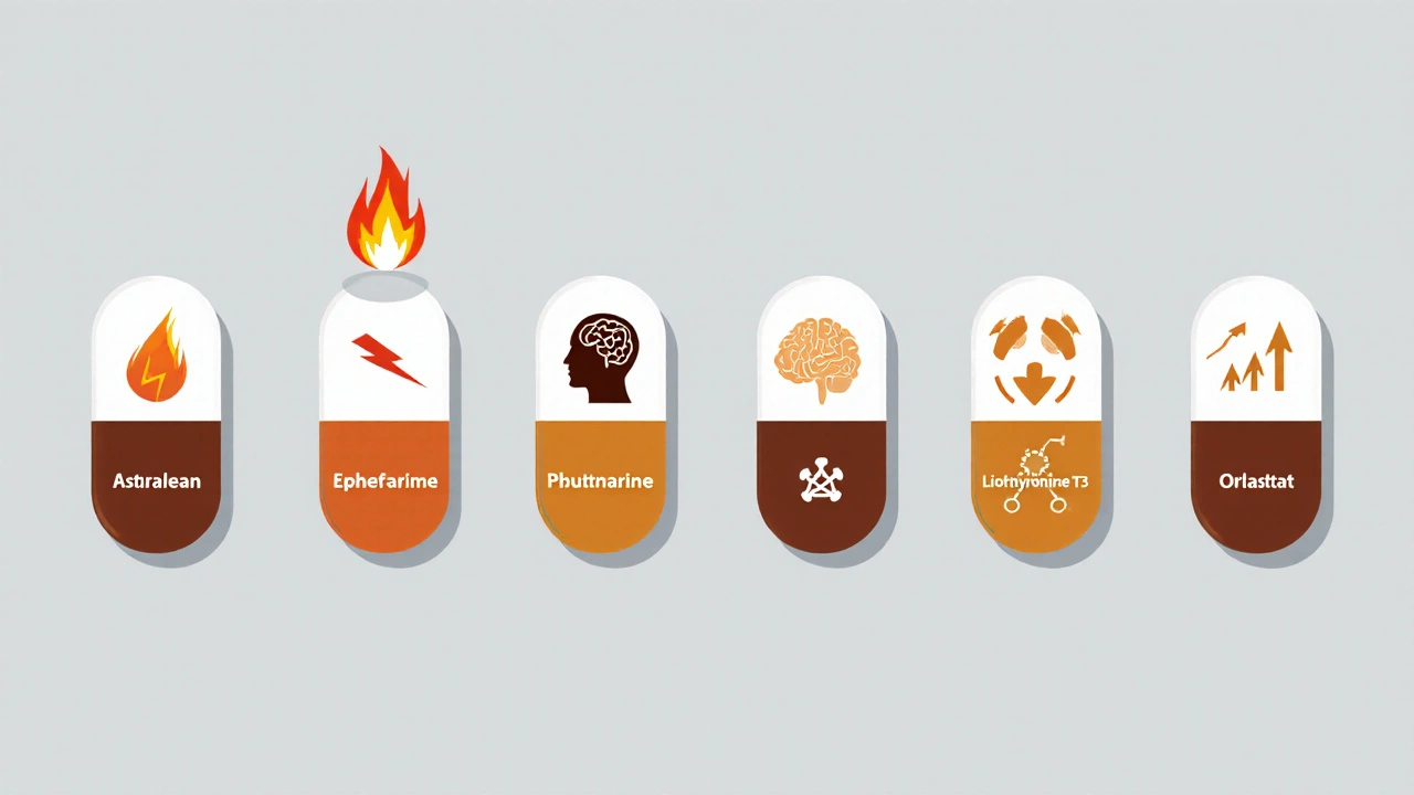 Six different pills displayed with distinct icons representing their fat‑burning mechanisms.