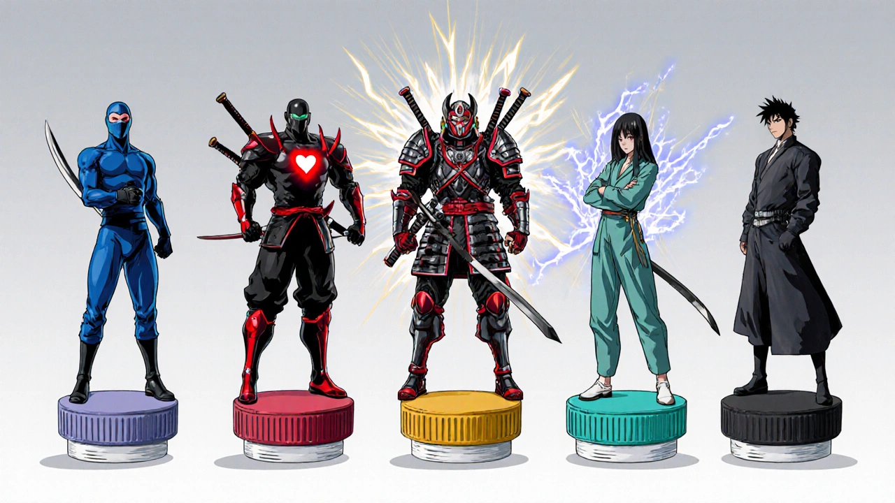Six manga characters personify different beta‑blockers on colored pill bottles.