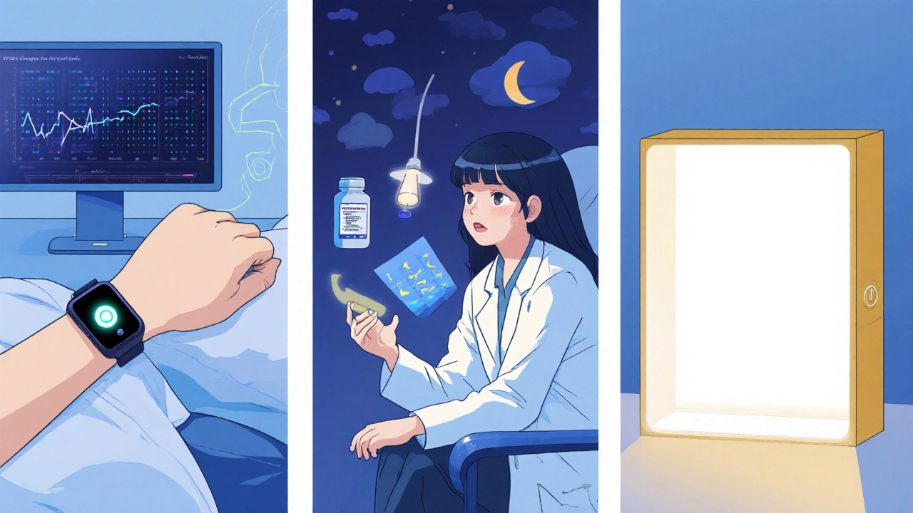 Sleep clinic with actigraphy, melatonin test, and bright light therapy box.