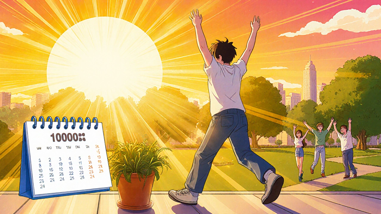 Teen enjoying sunrise on a balcony, using a light box and smiling.