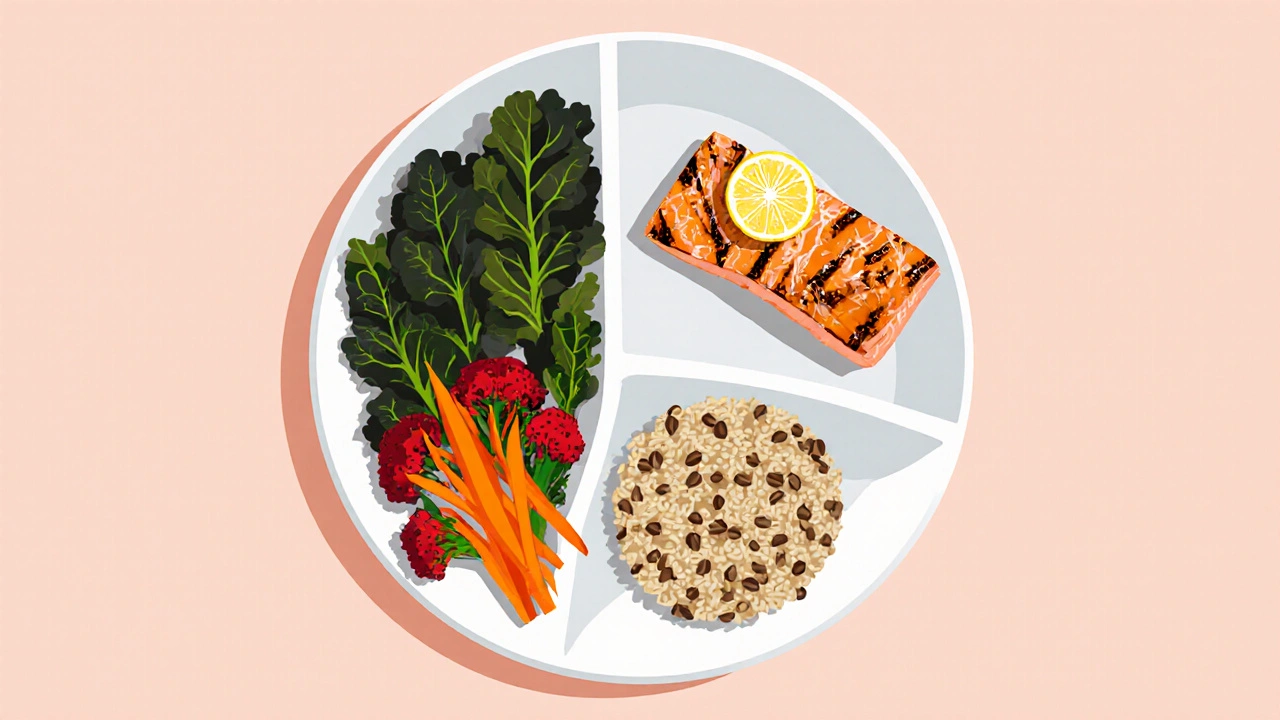 Top‑down view of a balanced plate divided into vegetables, protein, and grains.