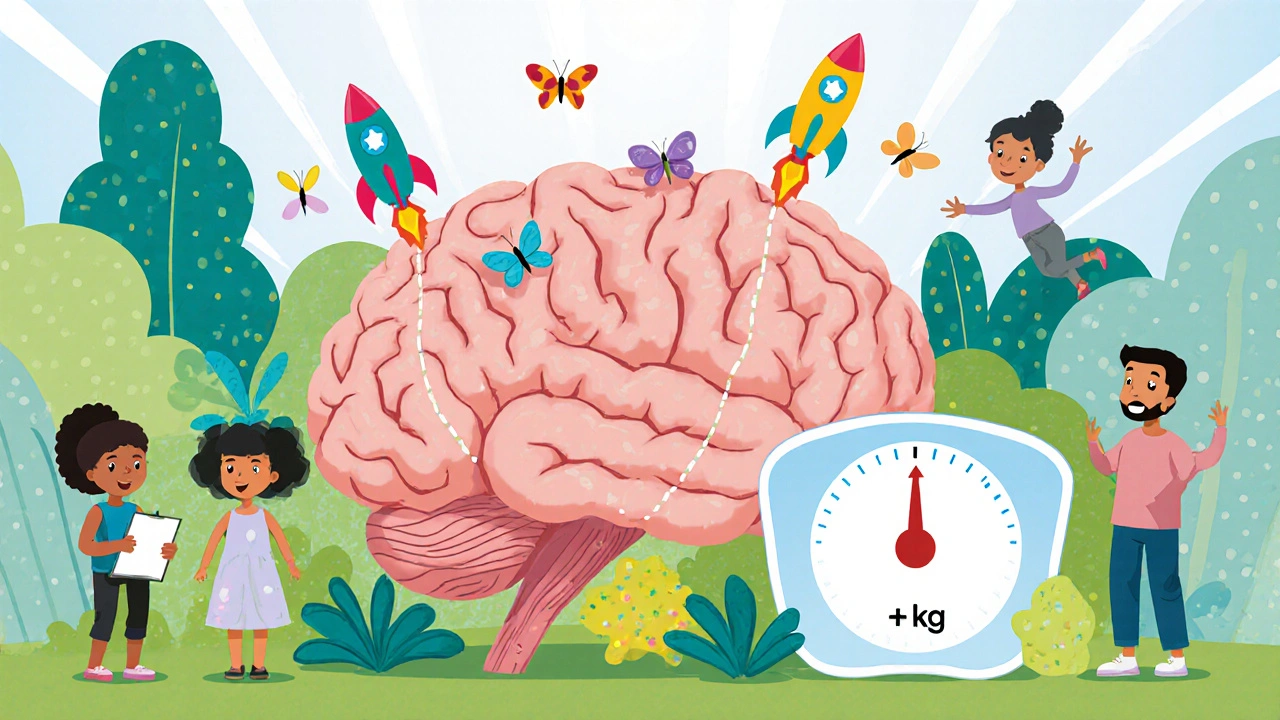 Whimsical brain garden showing dopamine and serotonin pathways with a small weight scale.
