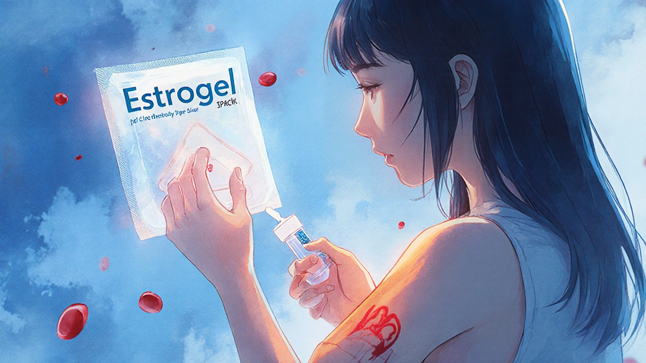 Woman applying estrogen gel as translucent patch neutralizes blood clot risks with cool blue and warm orange tones.