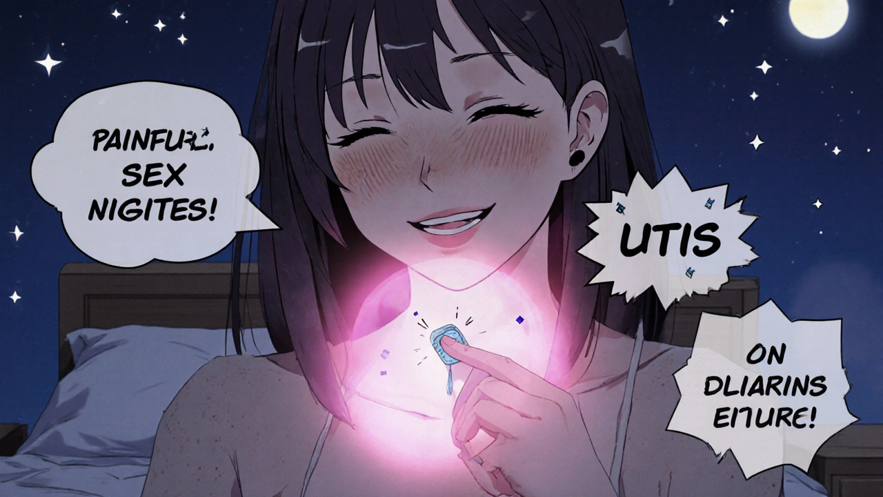 Woman inserting vaginal tablet with glowing aura of relief, shattered symptom icons floating around her.