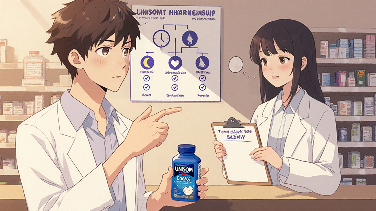 Young adult consulting pharmacist about Unisom safety in a bright pharmacy aisle.