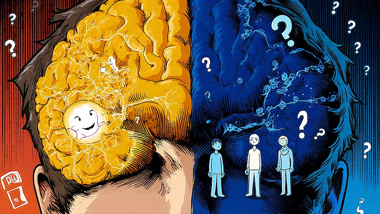 A brain split in two: one side glowing with joy, the other darkened by opioid effects.