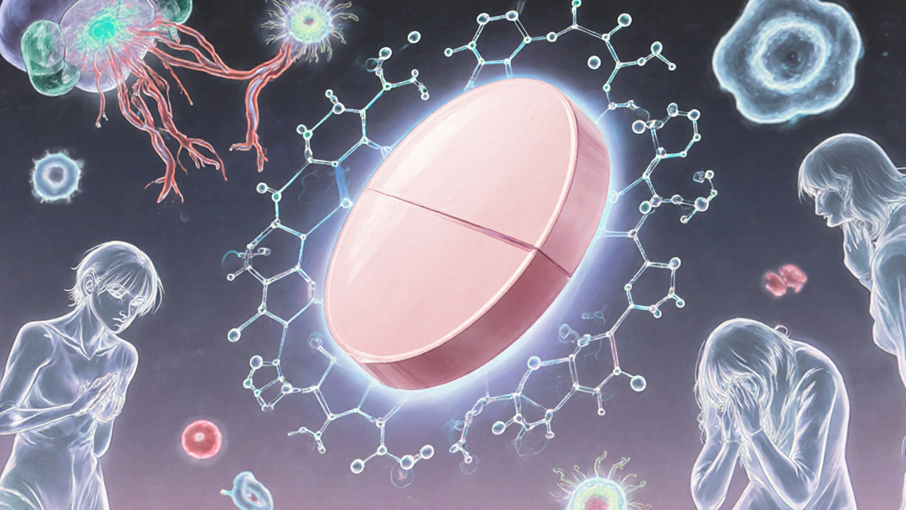 A dydrogesterone pill floats amid molecular structures and reacting uterine cells, rendered in detailed manga ink and watercolor.