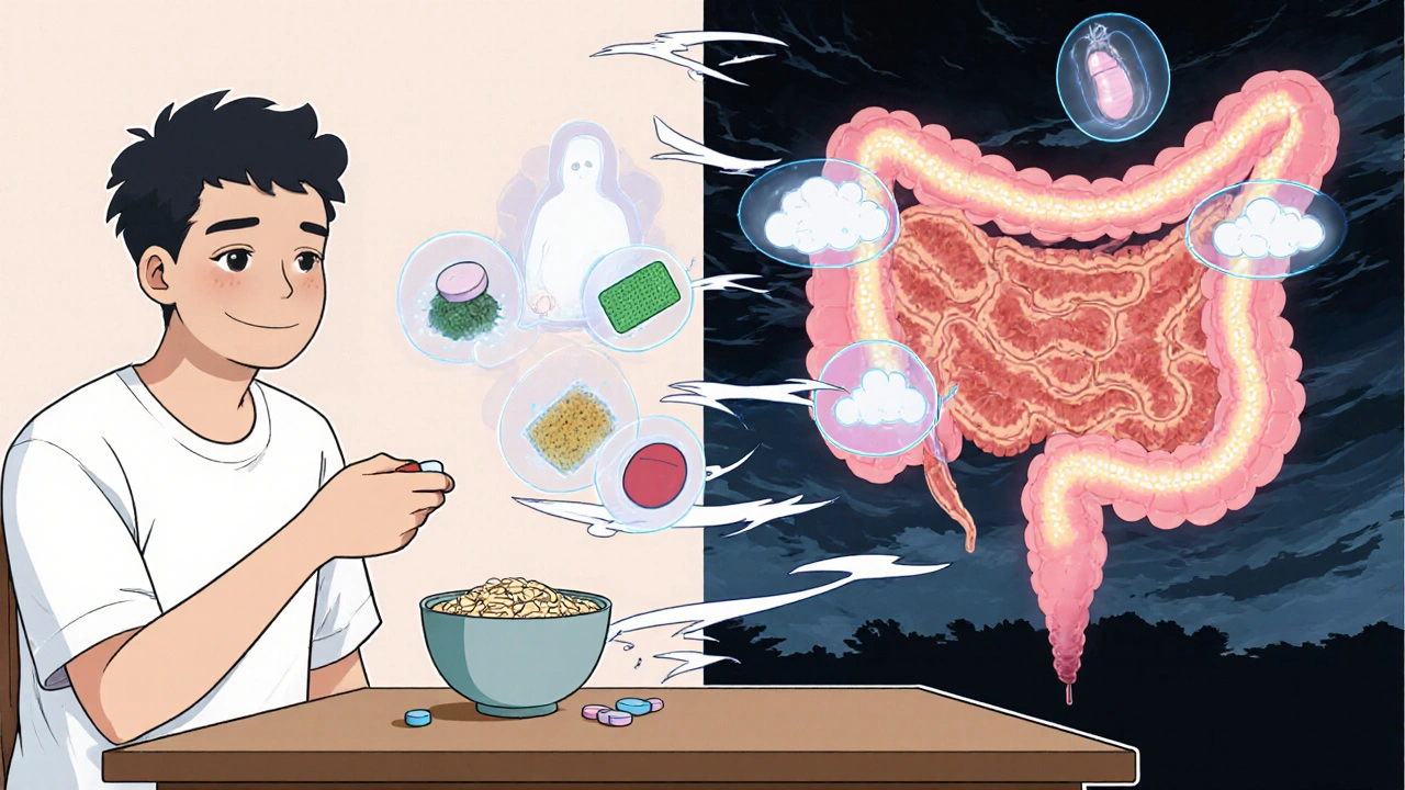 A patient with floating ghost medications trapped by food, fiber, and acid, contrasted with healthy vs inflamed intestines.