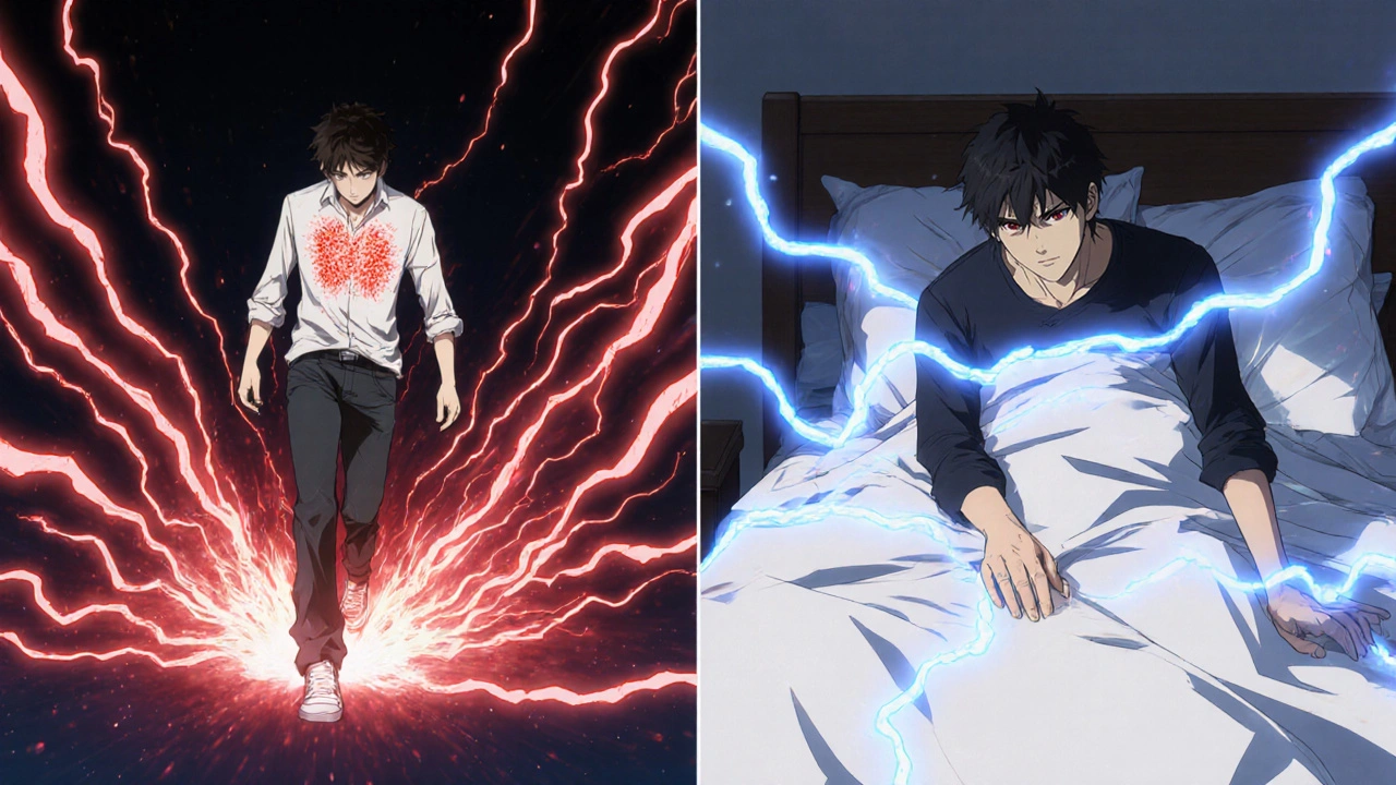 A person collapsing after taking a pill vs. someone experiencing slow muscle pain