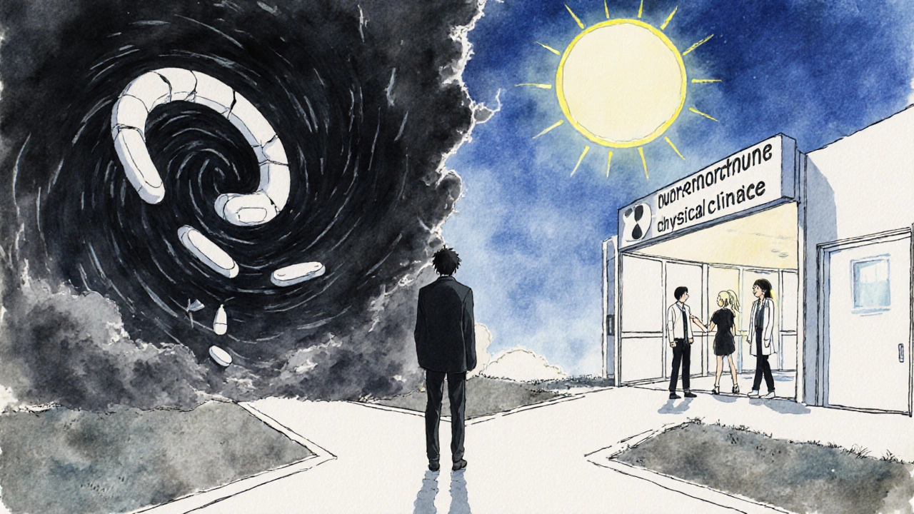 A person stands at a crossroads, choosing between opioid dependency and healing with therapy and buprenorphine.