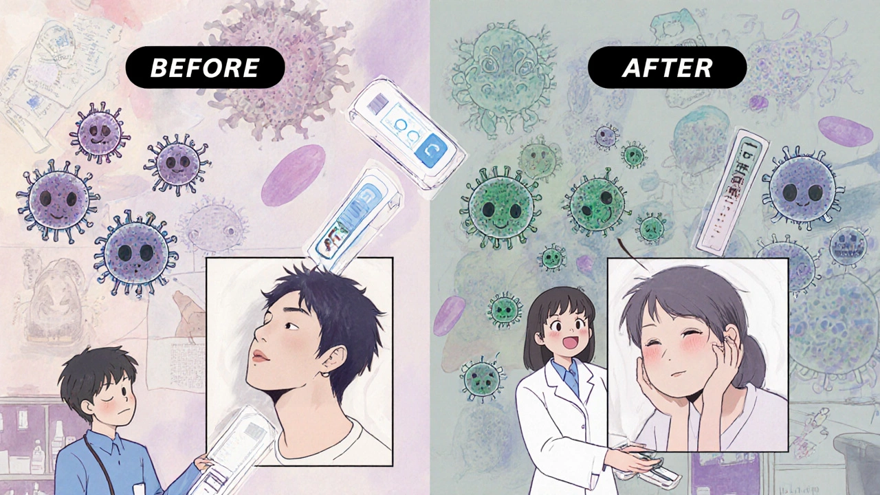 A pharmacist performing a skin test with visual comparisons of safe and risky drug use