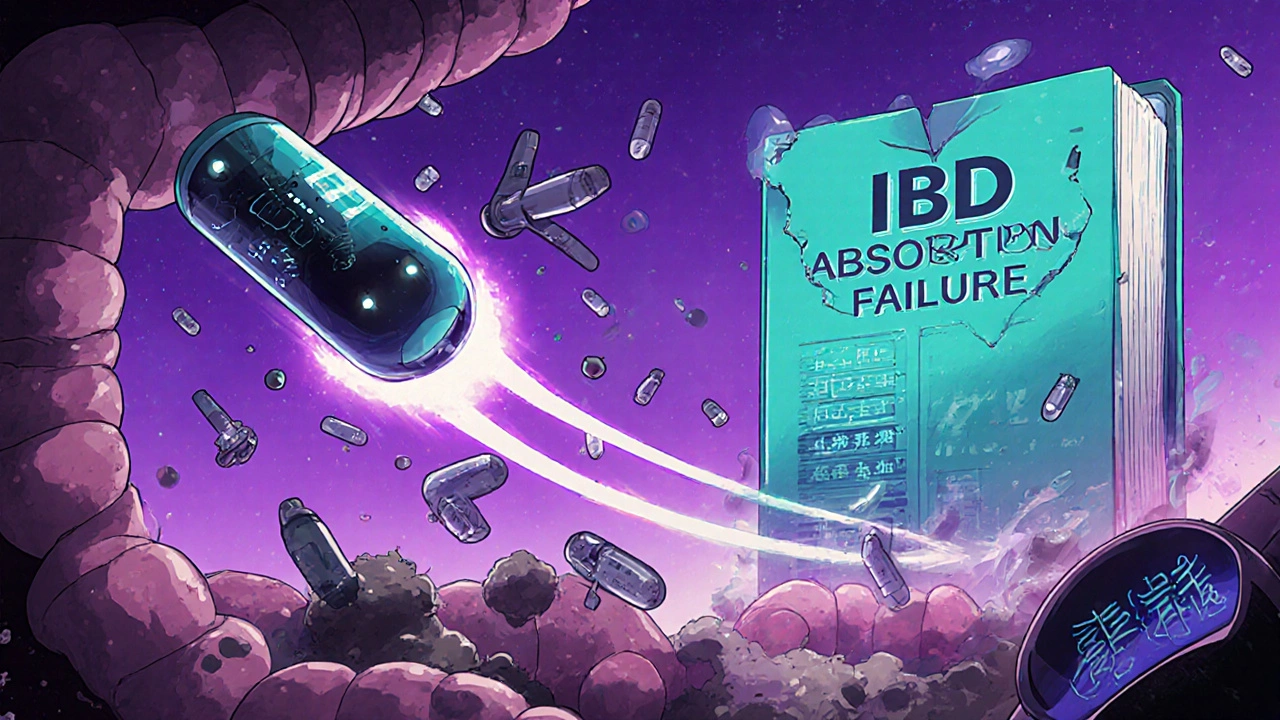 A smart capsule traveling through the intestine with nano-carriers and real-time sensors in vibrant manga style.